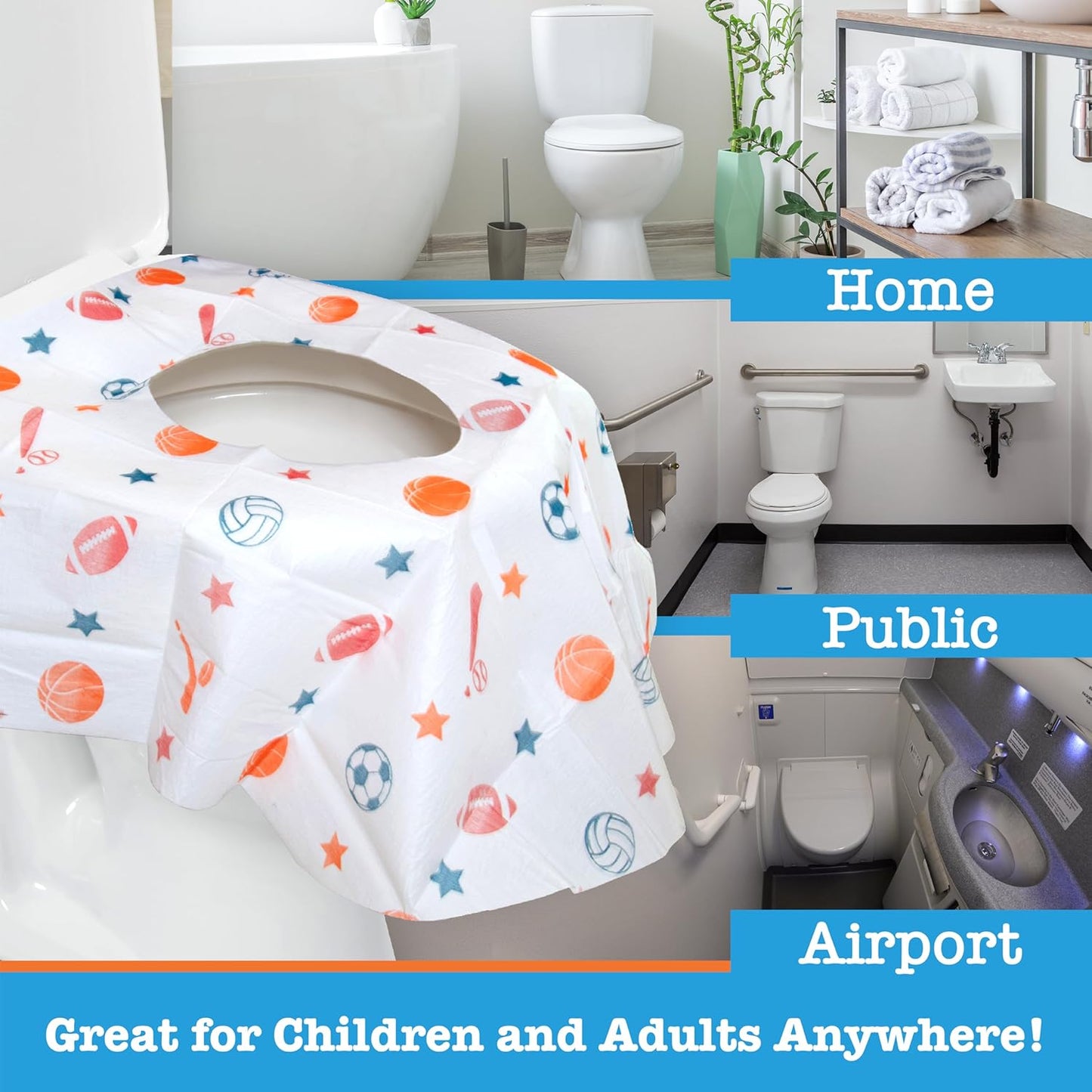 Toilet Seat Covers Disposable (12 Pack, Sports) - XL Waterproof Toilet Cover for Toddlers, Kids & Adults - Portable & Individually Wrapped for Travel, Potty Training & Public Restrooms
