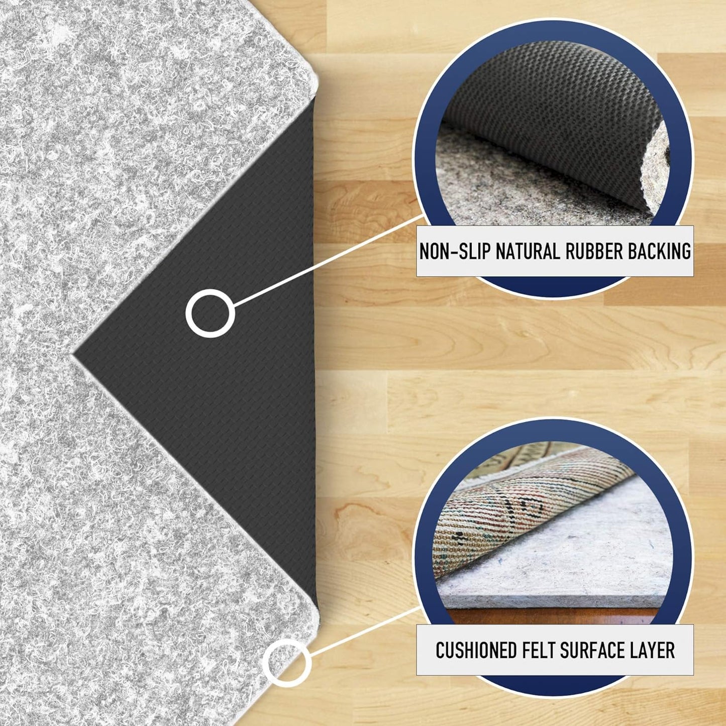 RUGPADUSA - Dual Surface - 4' Round - 1/4" Thick - Felt + Rubber - Non-Slip Backing Rug Pad - Safe for All Floors