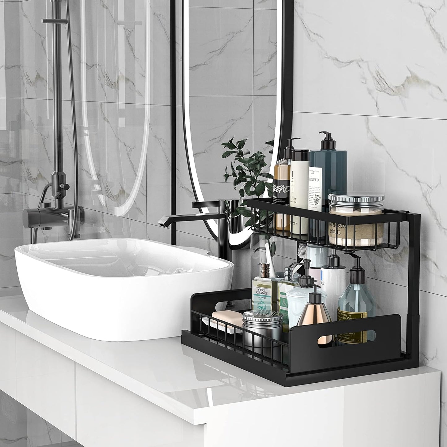 bukfen Under Sink Organizer, Pull Out Cabinet Organizer 2-Tier Slide Out Sliding Shelf Under Cabinet Storage Multi-Use for Under Kitchen Bathroom Sink Organizers and Storage