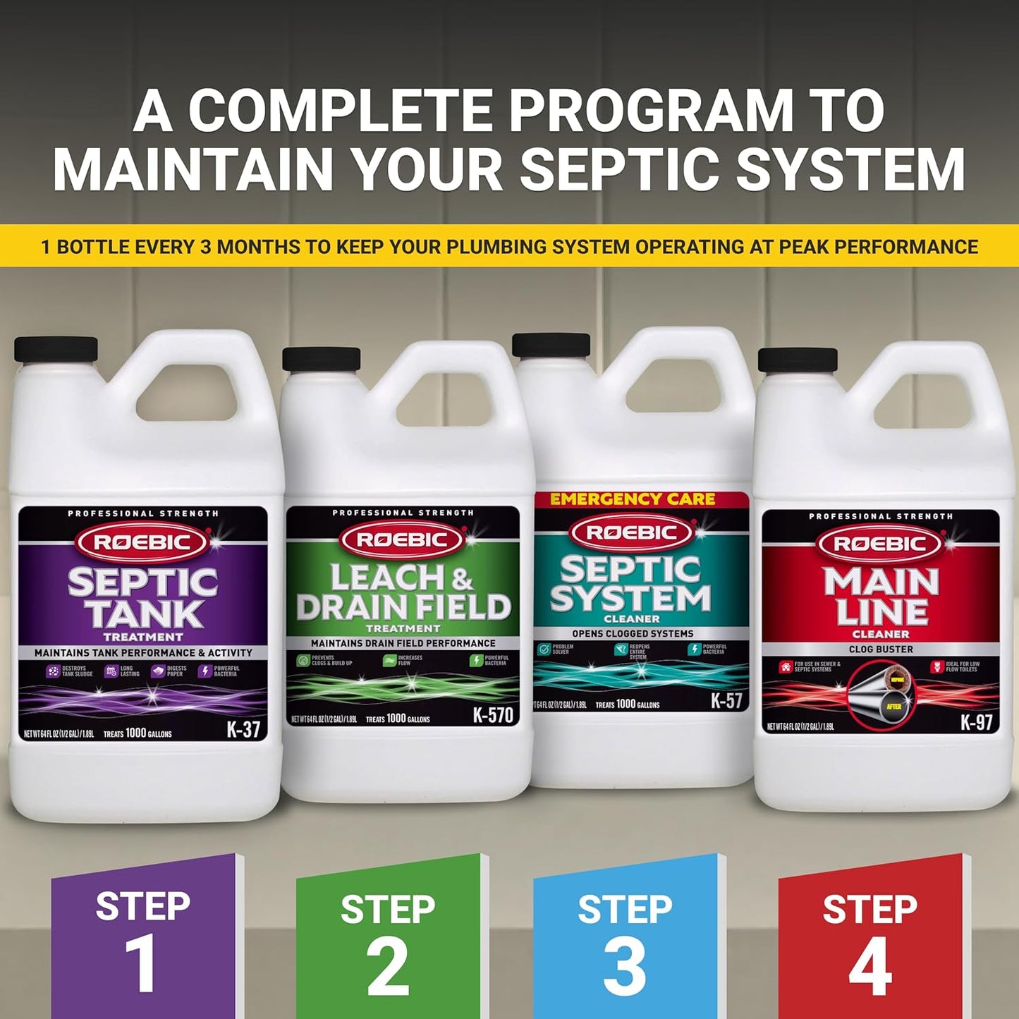 Roebic K-97 Liquid Main Line Cleaner with Bacteria Enzymes, Eliminates Organic Buildup in Sewer/Septic System and Protects from Clogs, Safe for Bathroom Toilet, 64 fl oz