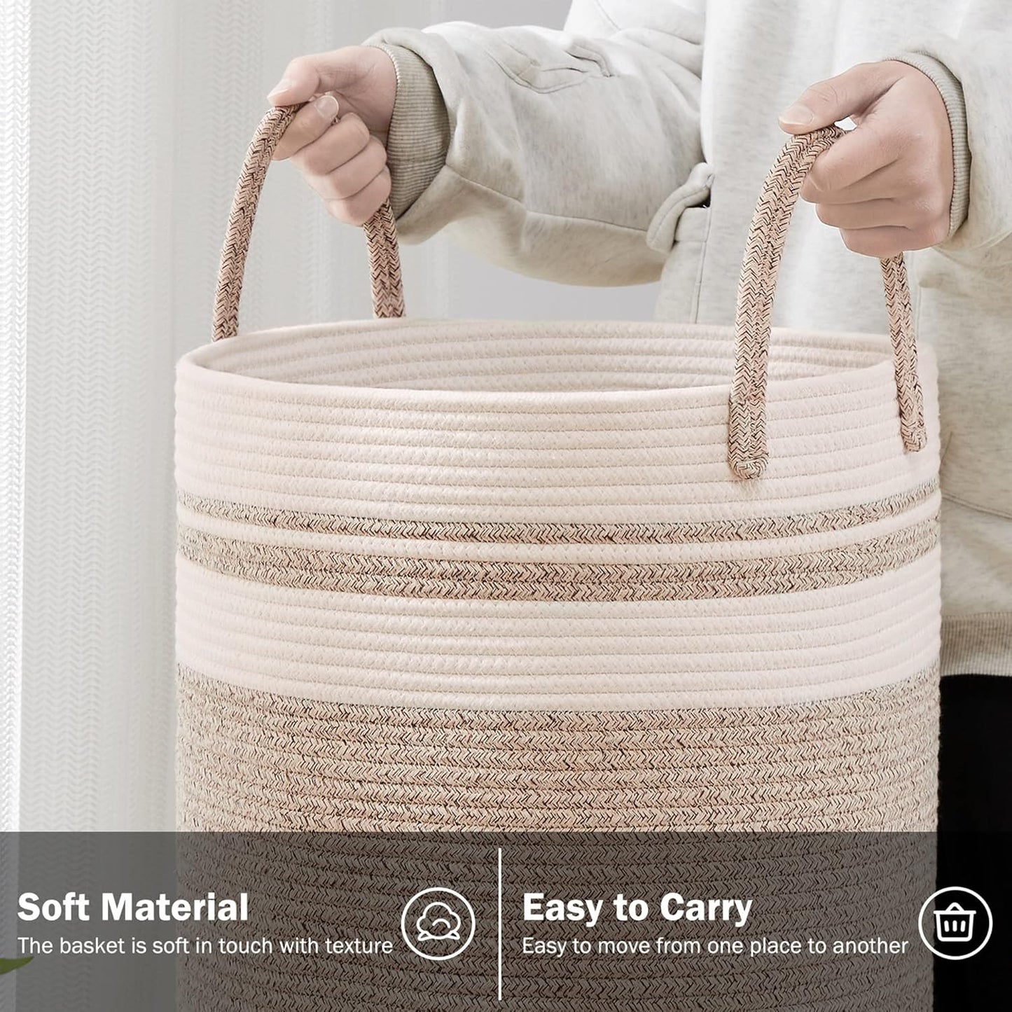 YOUDENOVA Woven Rope Laundry Hamper Basket, 100L Tall Laundry Basket, Baby Nursery Hamper for Blanket Storage, Clothes Hamper for Laundry in Bedroom-Extra Large-Brown