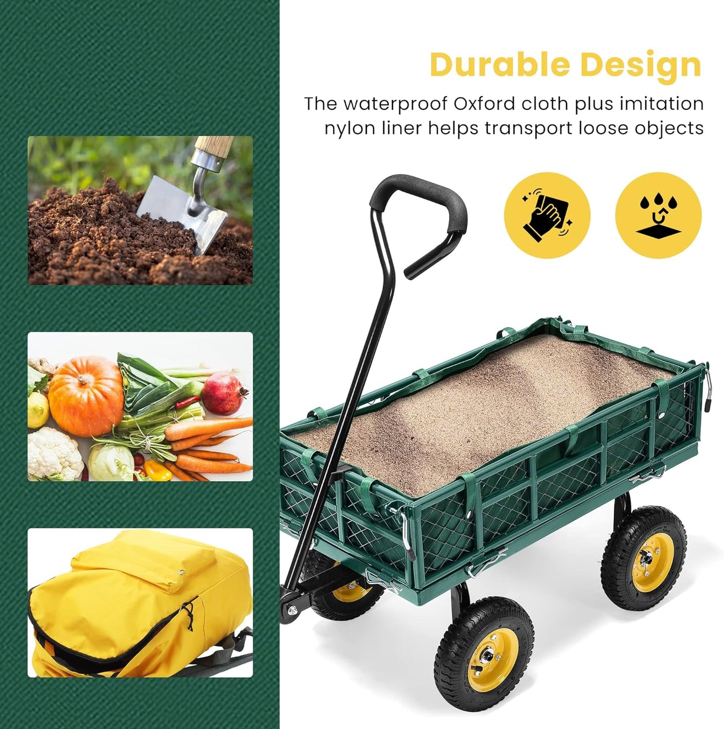 VIVOHOME Heavy Duty 400 Lbs Capacity Mesh Steel Garden Cart Folding Utility Wagon with Removable Sides Green