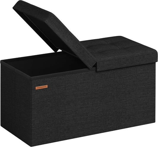 SONGMICS Mazie Collection - 30 Inches Storage Ottoman, Foldable Storage Bench with Flipping Lid, 660 lb Load Capacity, for Entryway, Living Room, Bedroom, Ink Black ULSF046B01