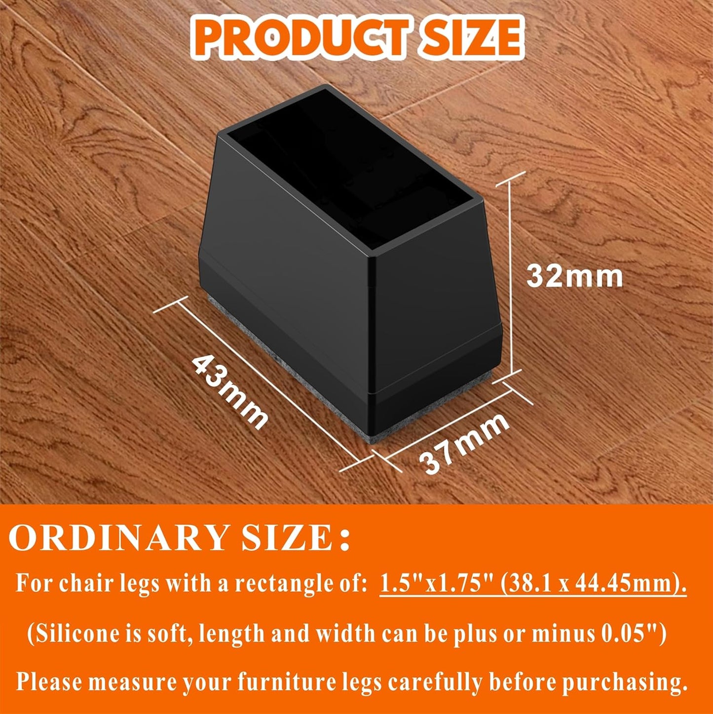 Rectangle Chair Leg Protectors for Hardwood Floors,16 PCS Silicone Covers to Protect Wood Tile Floors Felt Pads Furniture Leg Caps Reduce Noise. Easy to Move.(Black,1.5 x 1.75,Rectangular)