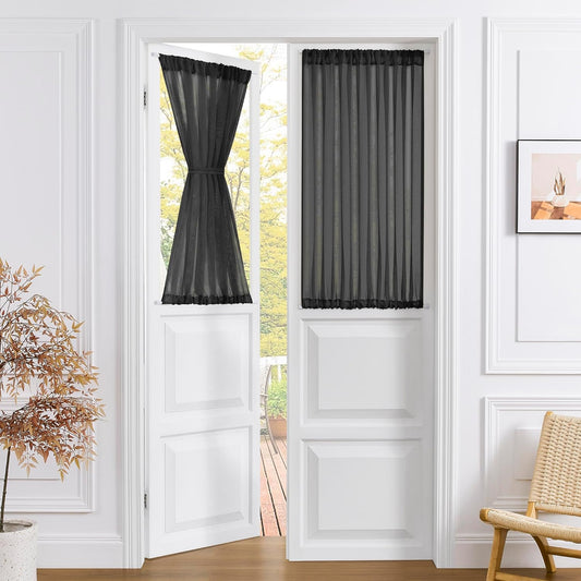 Tollpiz Short Sheer Door Curtain Closet Linen Textured Curtain Sheers Doorway Light Filtering Voile Patio Glass Door Rod Pocket Curtains French Door, 54 x 54 inches Long, Black, Set of 1 Panel