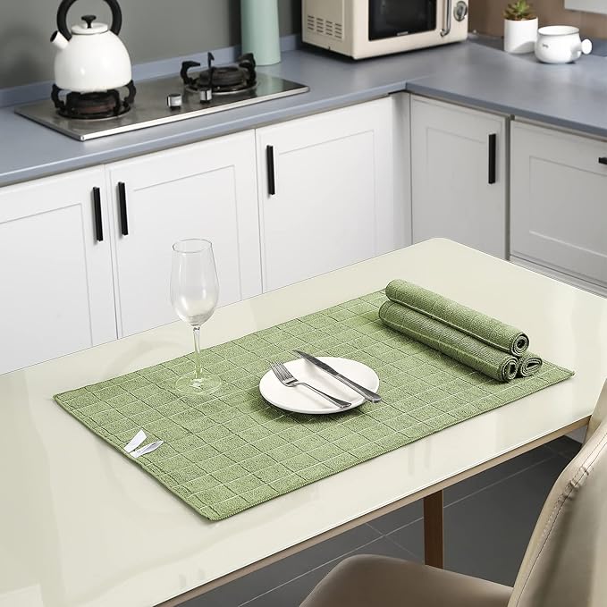 Microfiber Kitchen Towels and Dishcloths Set, 26 X 18 Inch and 12 X 12 Inch, Set of 12 Bulk Lint Free Dish Towels for Drying Dishes, Olive Green