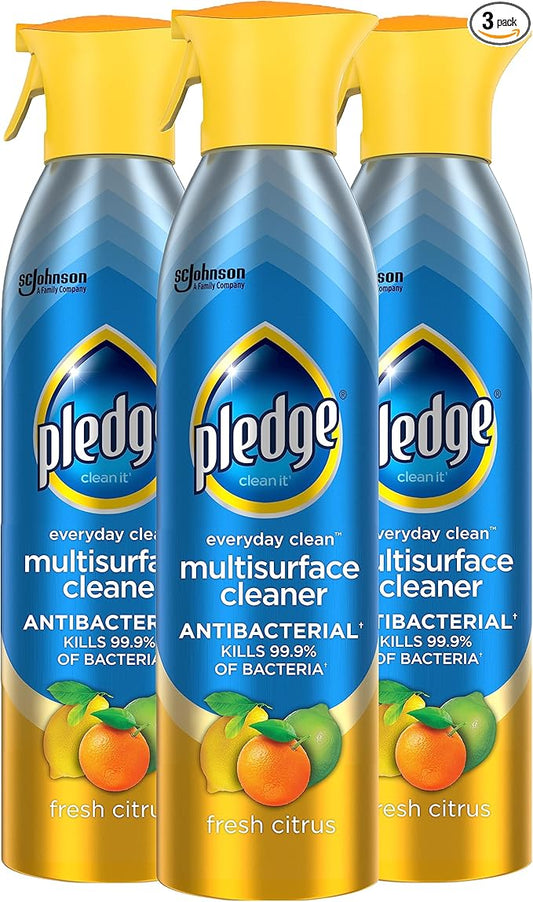 Pledge Antibacterial Multisurface Cleaner Spray, Wood Furniture, Stainless Steel, and Electronics Cleaner, Sanitizes as Cleans, Remove Dust and Messes - Fresh Citrus Scent, 9.7oz, Pack of 3