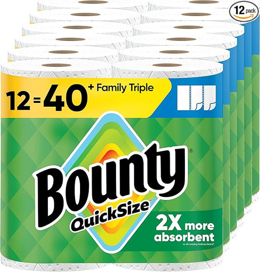 Bounty Quick-Size Paper Towels, White, 12 Family Triple = 40 Regular Rolls