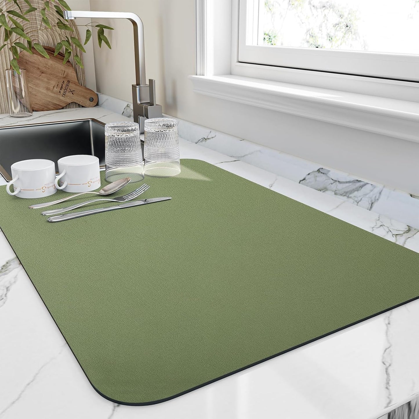 Dish Drying Mat for Kitchen Counter, Heat Resistant Drainer Mats with Non-slip Rubber Backed, Hide Stain Kitchen Super Absorbent Draining Mat, Easy to Clean Dish Rack Pad, Green 18"x28"