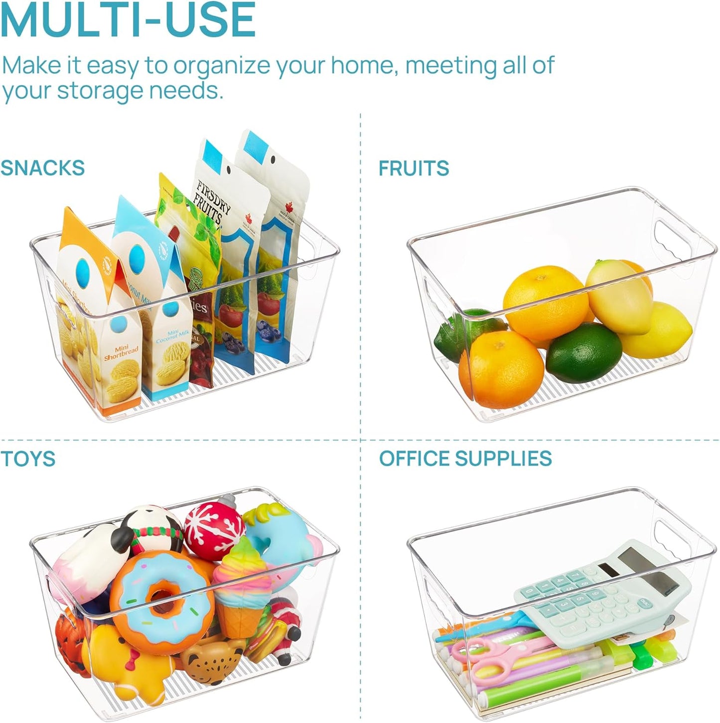 Vtopmart Clear Plastic Storage Bins, 6 PCS Pantry Organizer Bins with Handle for Refrigerator, Fridge, Cabinet, Kitchen, Countertops, Cupboard, Freezer Organization,Medium