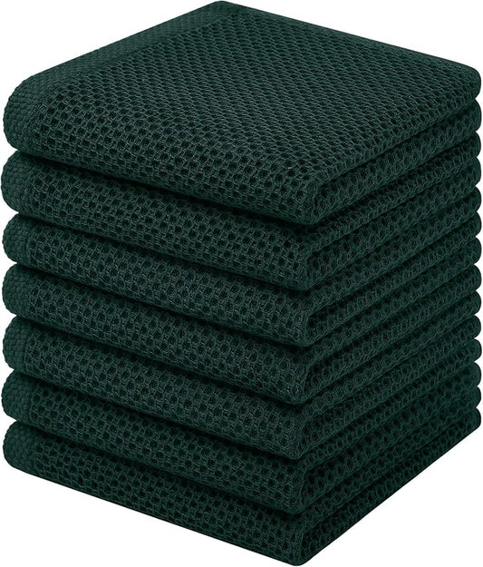Homaxy 100% Cotton Waffle Weave Kitchen Dish Cloths, 7-Pack Ultra Soft Absorbent Dish Towels, Quick Drying Dish Rags, 12 x 12 Inches, Blackish Green