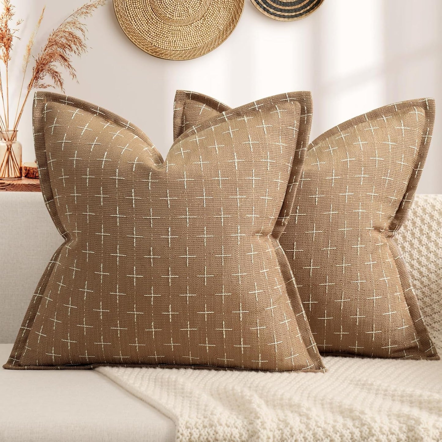 ZWJD Throw Pillow Pillow Covers 24x24 Set of 2 Soft Polyester Textured Pillow Covers with Stylish Flange Edge Cozy Farmhouse Throw Pillows for Couch Bed Sofa Living Room