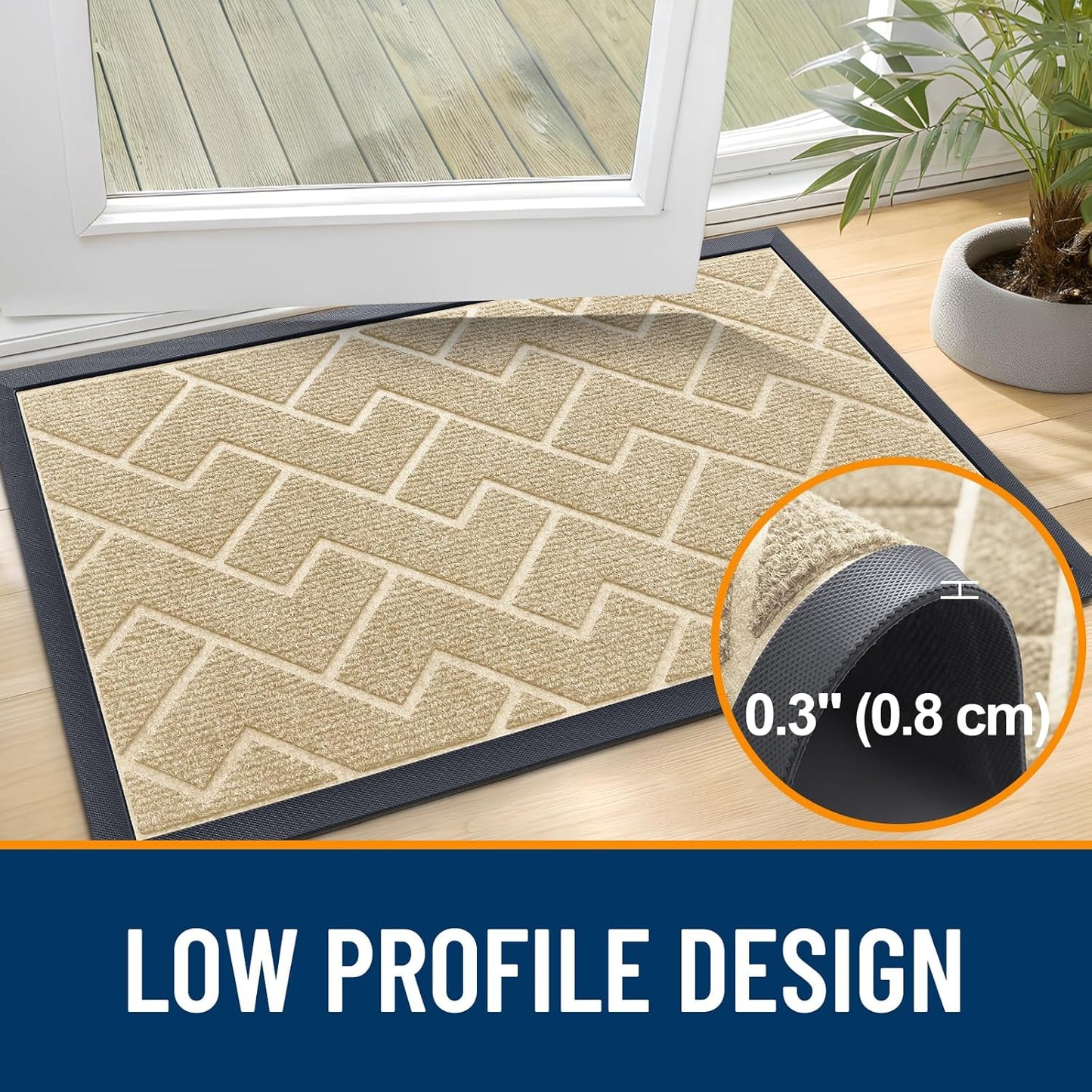 OLANLY Front Door Mat Indoor Outdoor Entrance, Waterproof All-Season, All-Weather Doormat, Sturdy Natural Rubber, Low Profile, Easy Clean Patio Porch Entryway Mat, Herringbone Brick (Beige, 59x35)