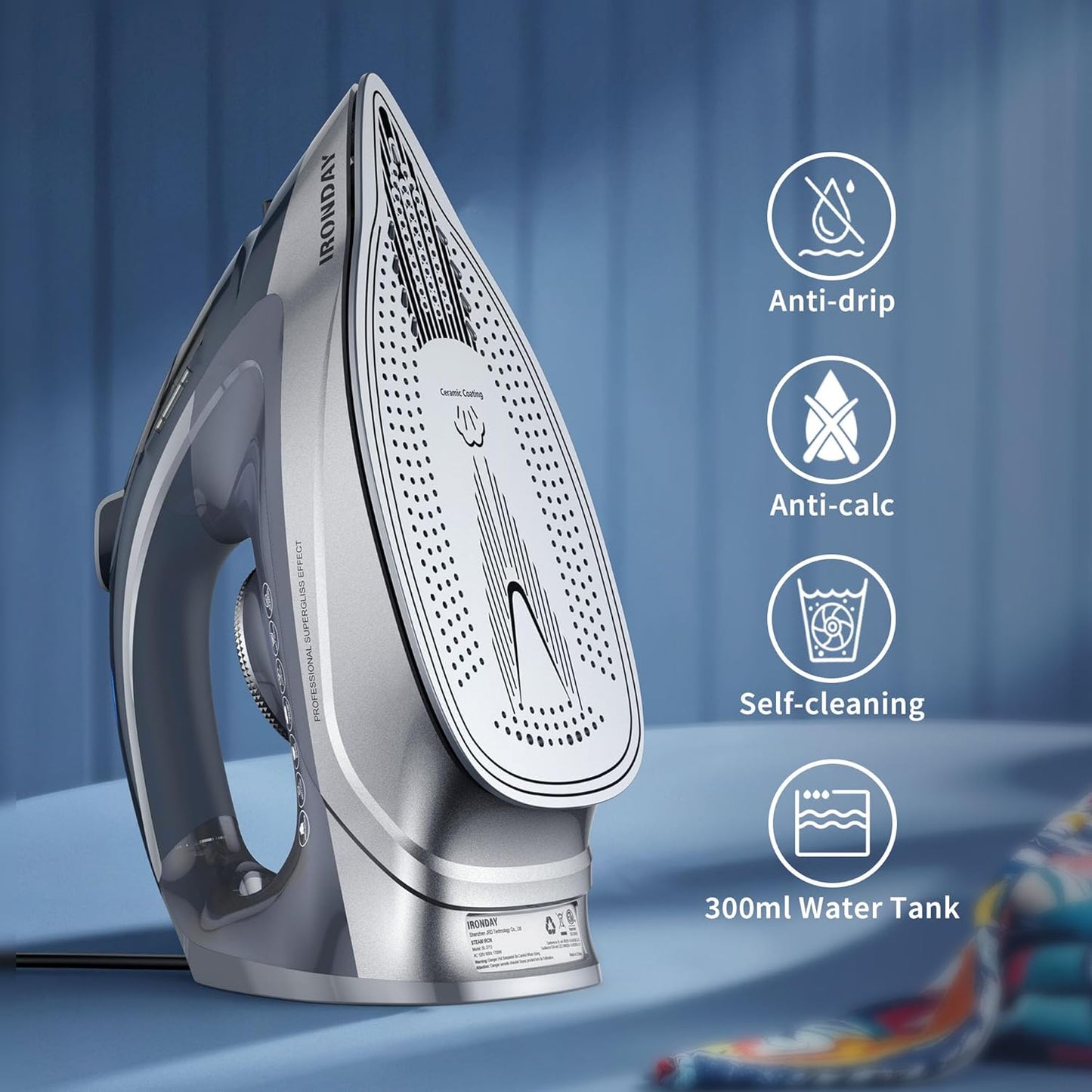 Steam Iron for Clothes Rapid Heating, 1700W Iron Burst of Steam, Non-Stick Ceramic Soleplate, Auto shutoff, Anti-Drip, Self-Cleaning, 10.14oz Water Tank Ironing Clothes for All Fabrics, Grey