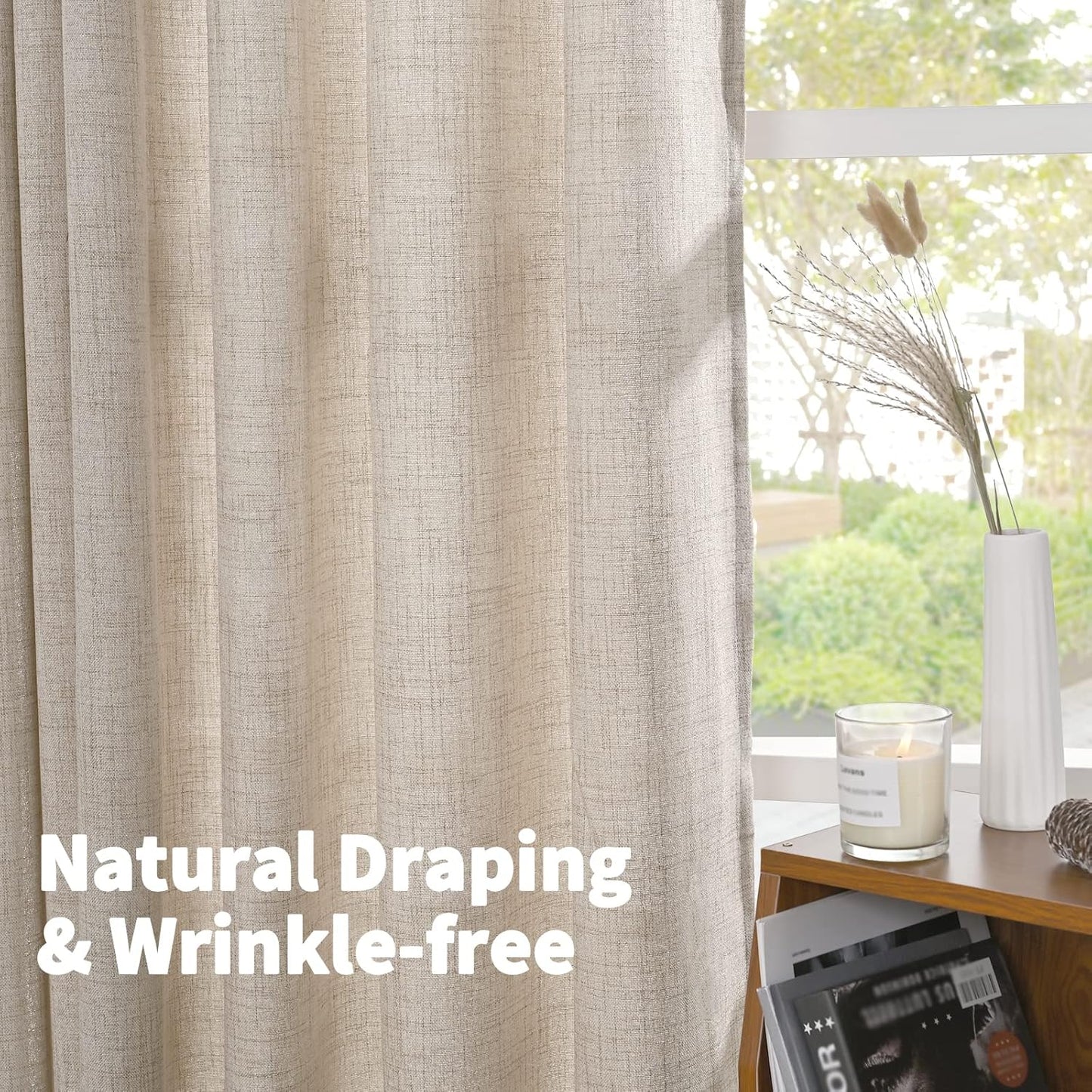 YoungsTex Natural Linen Curtains 45 Inch Length for Kitchen Bathroom Window, Burlap Semi Sheer Drapes with Rod Pocket Back Tab Light Filtering for Cafe Bedroom Counrty, 52 X 45 Inch, 2 Panels