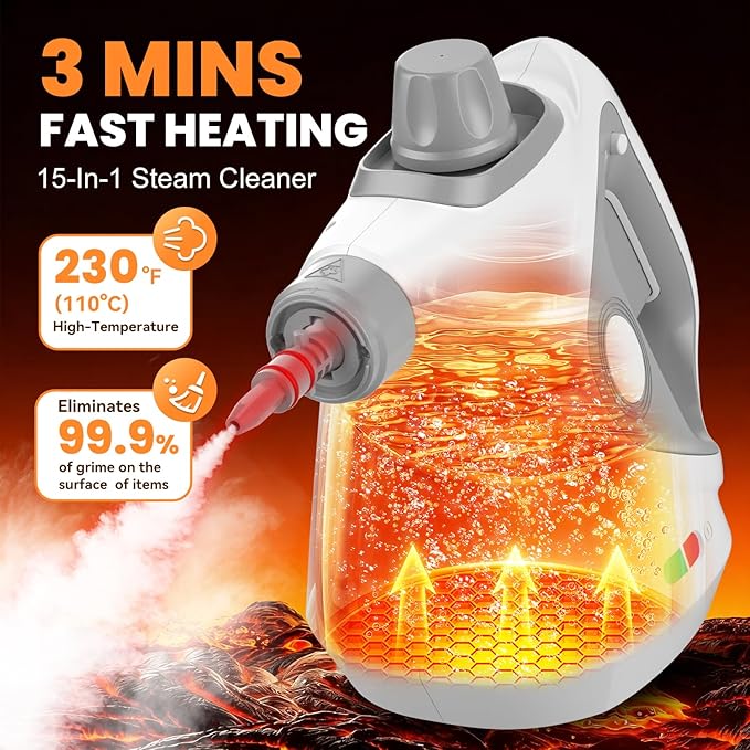 Handheld Steam Cleaner for Home, Pressurized Portable Steamer for Cleaning with 15 Accessories for Multi-Surface Cleaning, Floors, Tiles, Grout, Kitchen, Bathroom, Couch & Car(Grey Cap&Grey Handle)