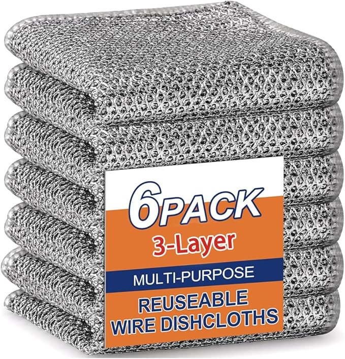 Upgraded 3-Layer Metal Dish Scrubber-6Pcs, No Scratches, Odor-Free, Multi-Purpose Stainless Steel Scouring Pad for Kitchen Cleaning – Dry & Wet Use, for Dishes, Cookware, Sinks, Stove Tops (6PCS)