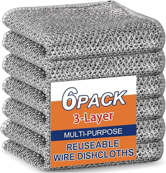 Upgraded 3-Layer Metal Dish Scrubber-6Pcs, No Scratches, Odor-Free, Multi-Purpose Stainless Steel Scouring Pad for Kitchen Cleaning – Dry & Wet Use, for Dishes, Cookware, Sinks, Stove Tops (6PCS)