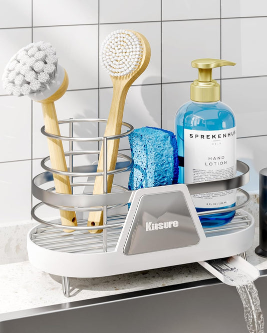 Kitsure Sponge Holder for Kitchen Sink - Space-Saving Kitchen Sink Caddy, Rustproof Metal Sink Organizer with Removable Brush Holder, 7.9"×3.9"×5.3", White