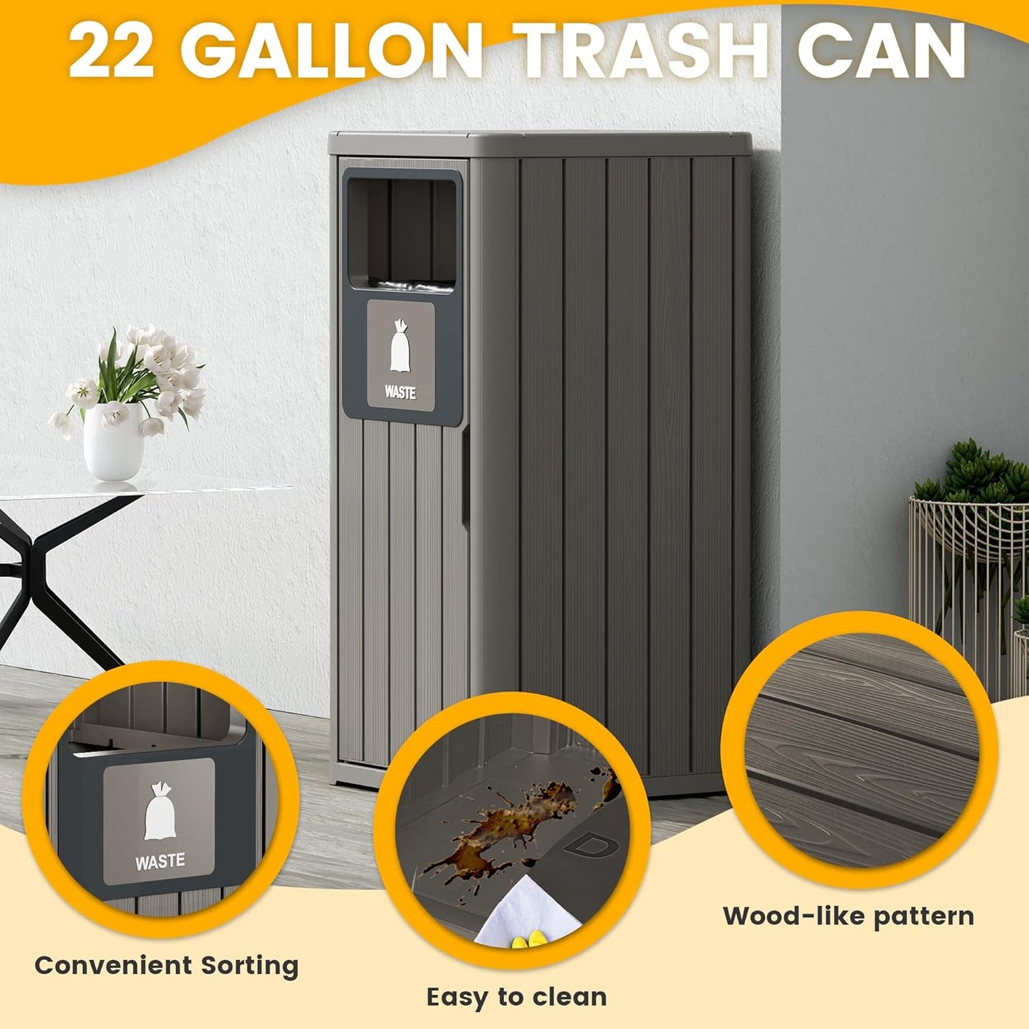 Outdoor Trash Can Waterproof Resin Garbage Can with Garbage Labels Outdoor Trash Bin for Patio, Garden,Kitchen