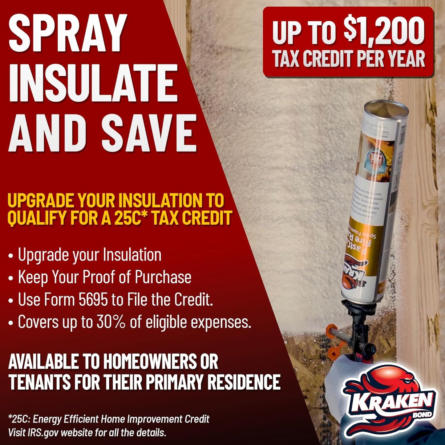 Kraken Bond Fastcoat Fire Rated Spray Foam Insulation Kit Closed Cell in a Can 40 sq ft (2x27.1 oz.) (R-Value 11.32 / 2in) - Spray Foam for Garage Door, Attic, Wall Gun & Cleaner Included, 2 Pack