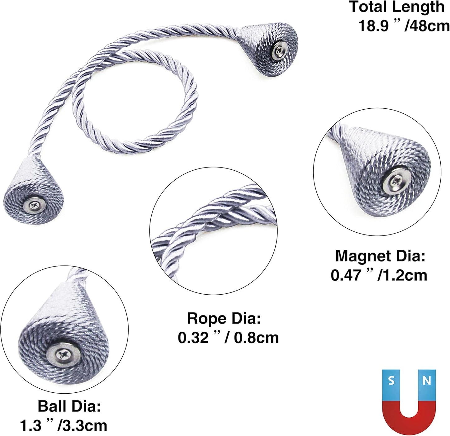 6 Pack Magnetic Curtain Tiebacks Rope Modern Handmade Curtain Tie Backs Decorative Drapes Weave Holdbacks for Window Décor, Grey