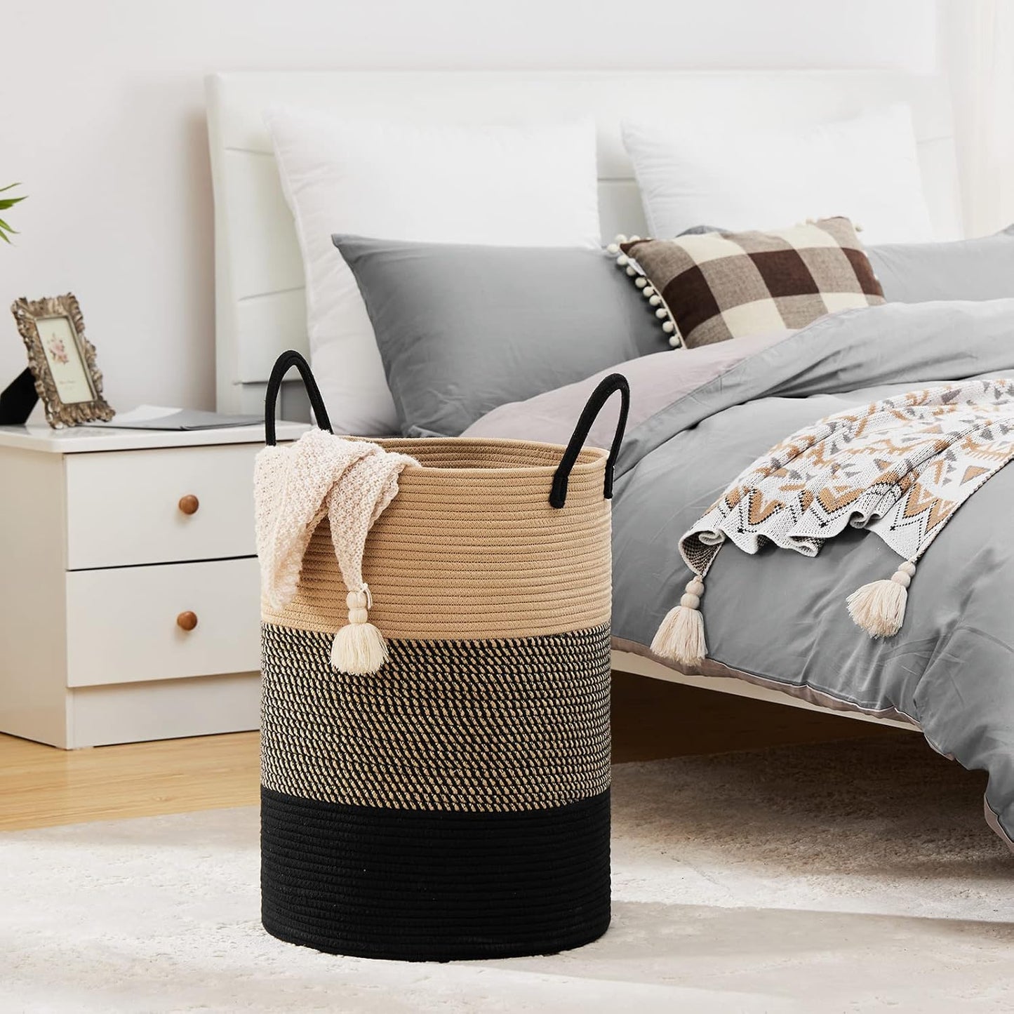 Fiona's magic 100L Extra Large Laundry Hamper Basket, 26.4Gal Tall Woven Laundry Basket Storage, Baby Nursery Hamper for Blankets, Clothes Hamper for Bedroom and Living Room Organizing, Brown & Black