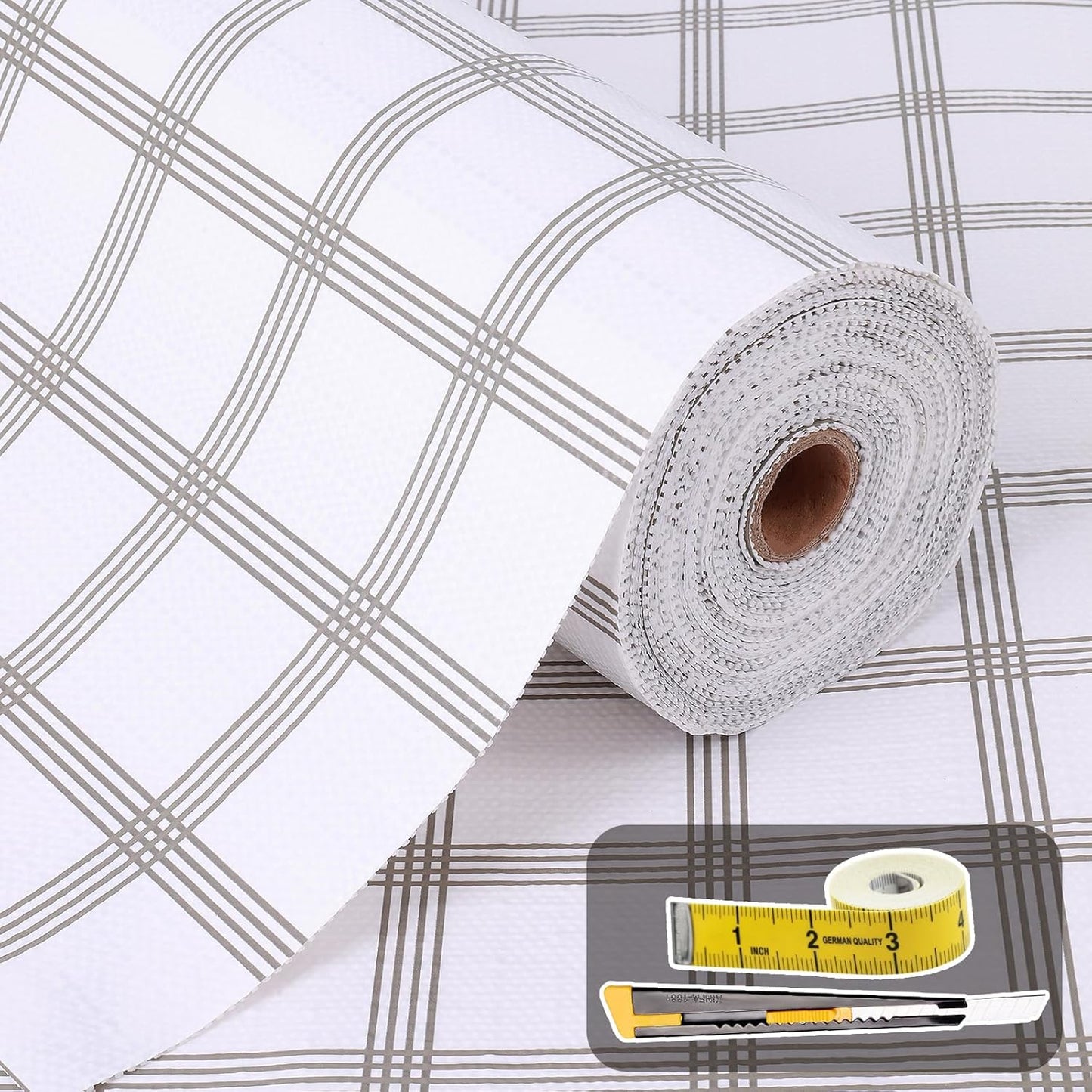 Shelf Liner for Kitchen Cabinets Non Adhesive Drawer Liner Non-Slip Thickened Shelf Liner Paper Strong Easy to Clean for Tool Box Refrigerator with Knife and Tape Measure, White Square, 11.8 x 354 in