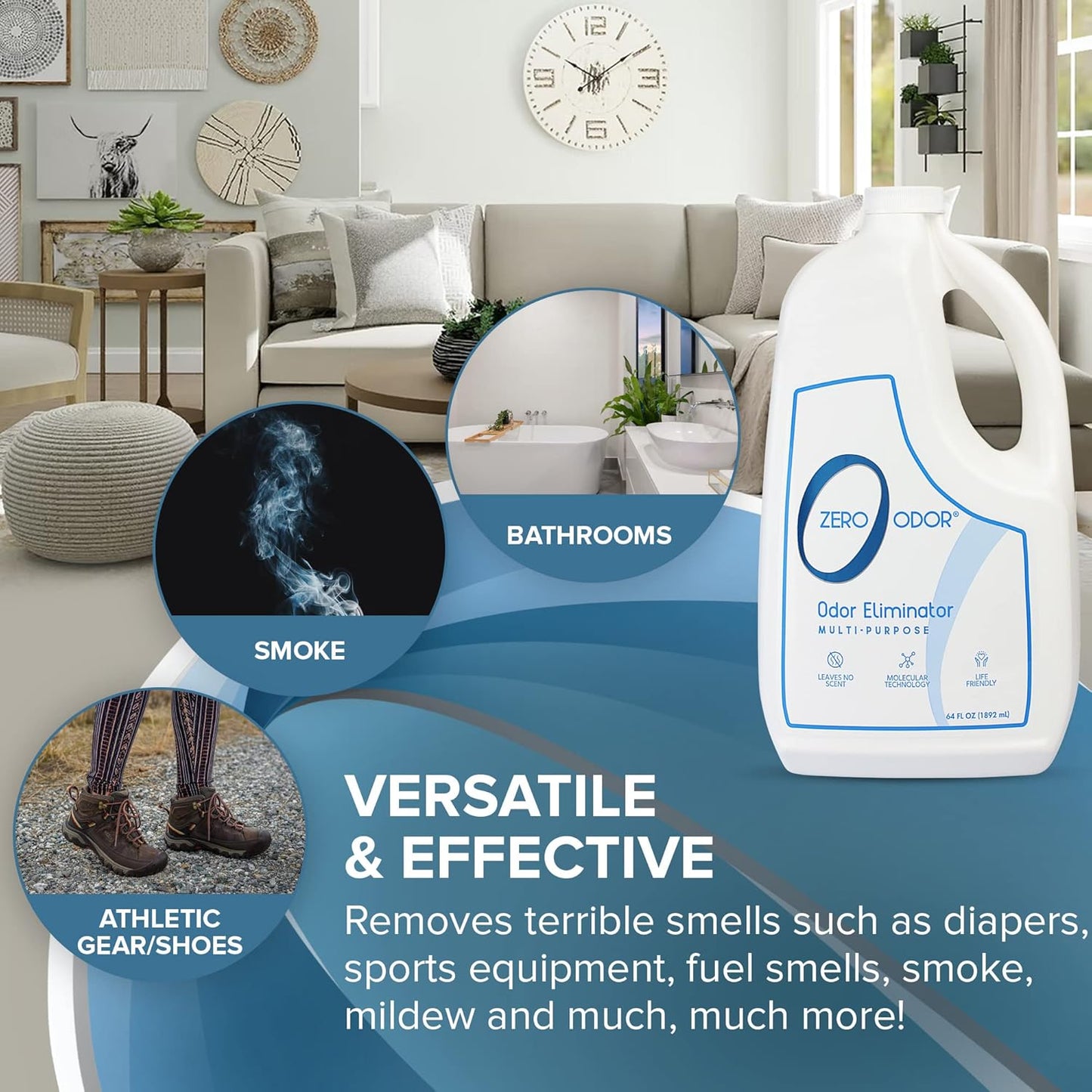 Zero Odor - Multi-Purpose Strong Odor Eliminator for Home, Office, Car, Bathroom, Hotel, Room Deodorizer, and Odor Neutralizer, 64oz Refill