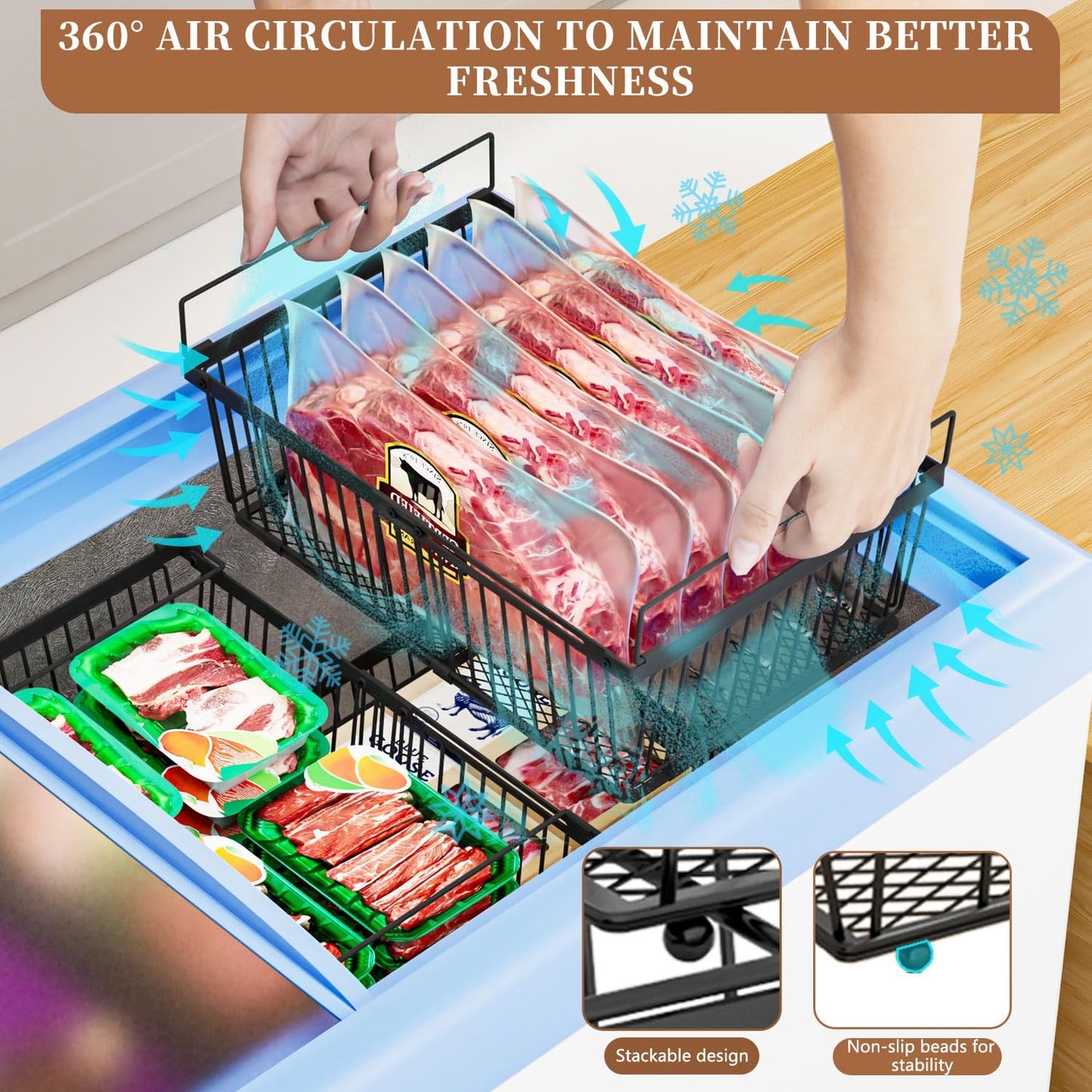 Large Freezer Organizer Bins，Upgraded Bottom Leak-Proof net，Fit 10 to 20 Cu Ft Chest Freezer，3 Pack， Expandable Stackable Chest Freezer Containers with Handle(Black-3Pack)