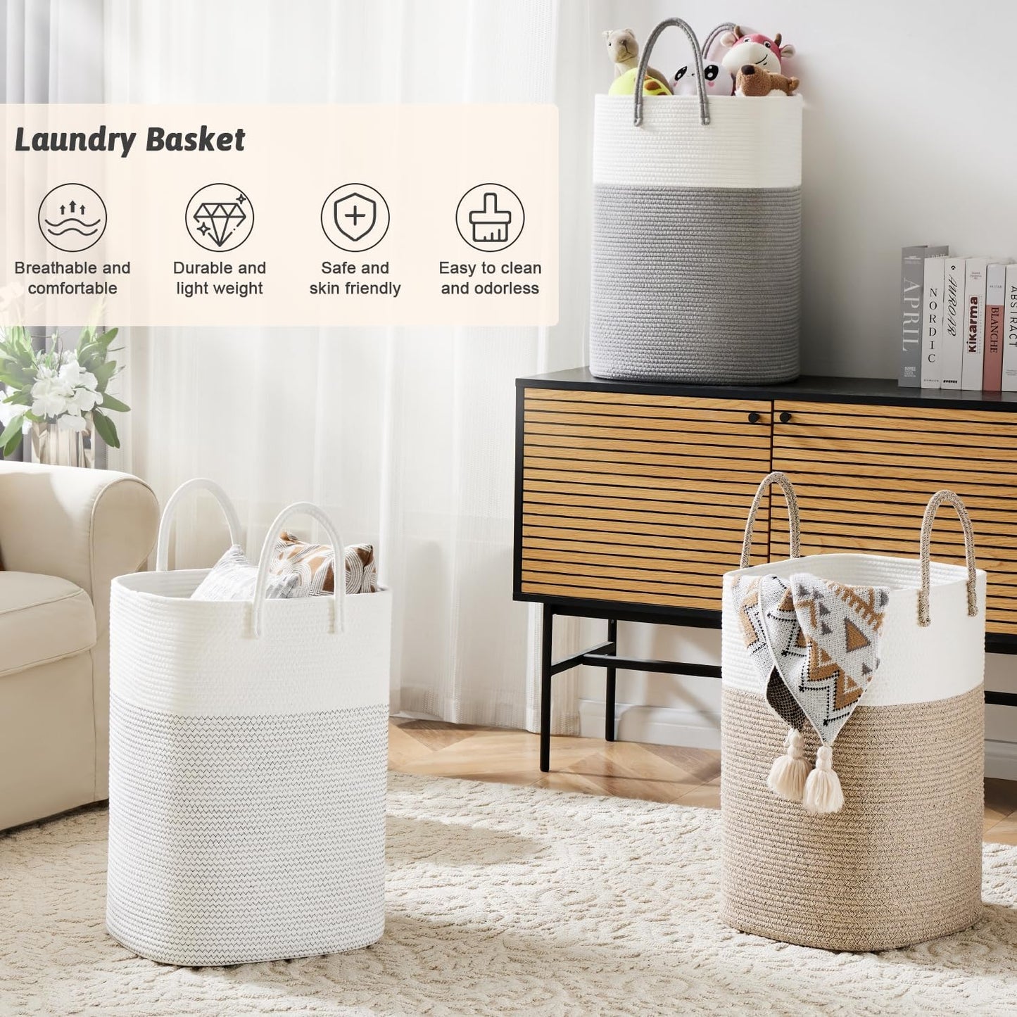 Laundry Basket,Woven Cotton Rope Laundry Hamper,Versatile Storage for Dirty Clothes,Baby Toys,and Blankets in Bathroom, Nursery,and Living Room (White, 80L)