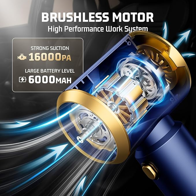 Car Handheld Vacuum Cordless: Car Vacuum Cleaner with 16000Pa Ultra-Strong Suction, Brushless Motor & HEPA Filter - Lightweight Design for Drivers and Office Workers - Blue