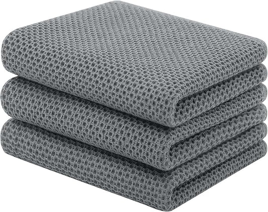 Homaxy 100% Cotton Waffle Weave Kitchen Towels, 3-Pack Ultra Soft Absorbent Dish Towels, Quick Drying Cleaning Towels, 13 x 28 Inches, Grey