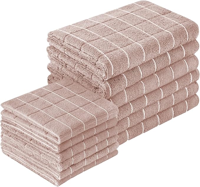 Microfiber Kitchen Towels and Dishcloths Set, 26 X 18 Inch and 12 X 12 Inch, Set of 12 Bulk Lint Free Dish Towels for Drying Dishes, Camel