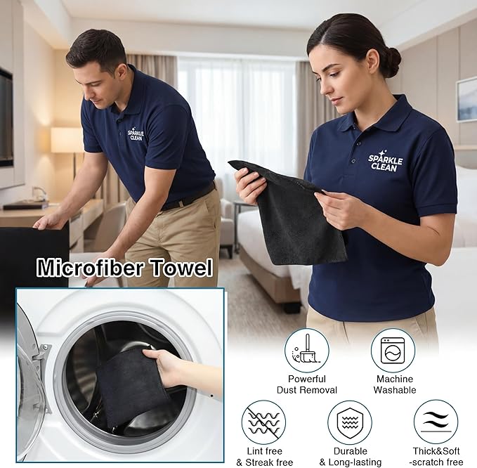 Macarrie 400 Pieces Microfiber Cleaning Cloths Bulk Absorbent Microfiber Towels Reusable Lint-Free Streak Free Wash Rags for House Kitchen Office Restaurants Bar Shop Car, 12 x 12 Inches (Black)