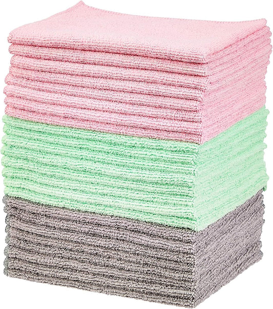 Amazon Basics Microfiber Cleaning Cloths, Ultra Soft and Absorbent, Free from Streaks/Lint/Scratch for Cars, 16" x 12", Green/Gray/Pink, 24-Pack