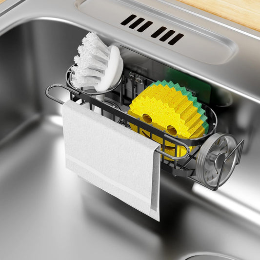Cisily Kitchen Sink Caddy Sponge Holder in The Sink, Stainless Steel Kitchen Sink Organizer, Brush Holder, Dish Cloth Hanger, Sink Stopper Holder with 2 Installation Ways (Suction & Adhesives