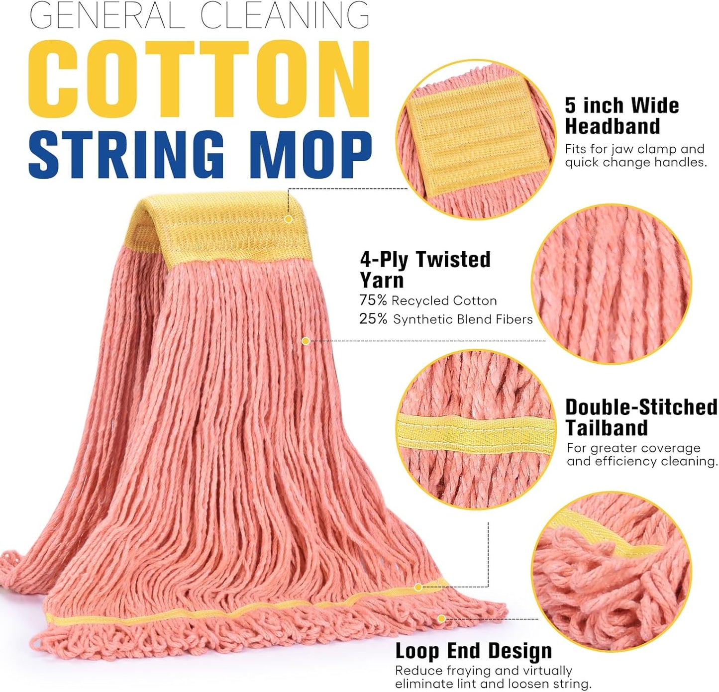 Matthew Cleaning Commercial Mop Head Replacement, 5 Inch Wide Headband, Looped End Cotton Blend String Wet Mops for Floor Cleaning, 18 oz Medium, 6-Pack Orange