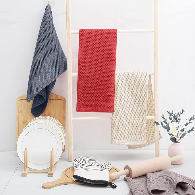 Homaxy 100% Cotton Waffle Weave Kitchen Towels, 3-Pack Ultra Soft Absorbent Dish Towels, Quick Drying Cleaning Towels, 13 x 28 Inches, Mixed Color
