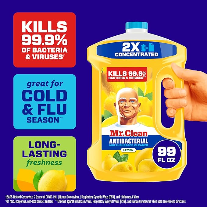 Mr. Clean Antibacterial All Purpose Cleaner, Floor Cleaner for Mopping Home, Bathroom, & Kitchen, Cleaning Liquid for Mop & Bucket, Cleaning Supplies, Multi-Surface Dilutable, Lemon, 99oz