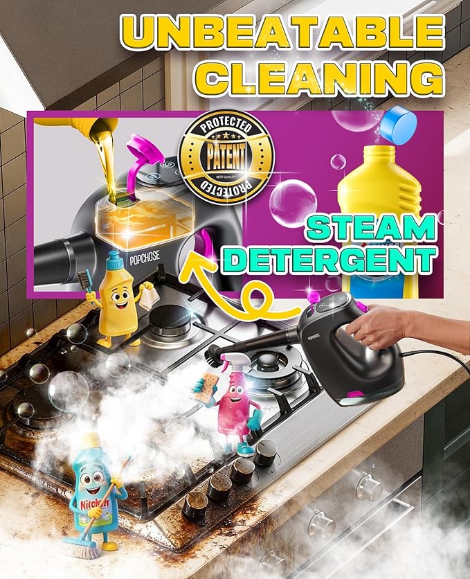 POPCHOSE Steam Cleaner with Detergent Dispenser,15s Heat-Up Handheld Steam Cleaner for Home, 500ml Removable Water Tank, Lightweight Portable Steamer for Cleaning Grout, Windows, Kitchen, Easy Refill