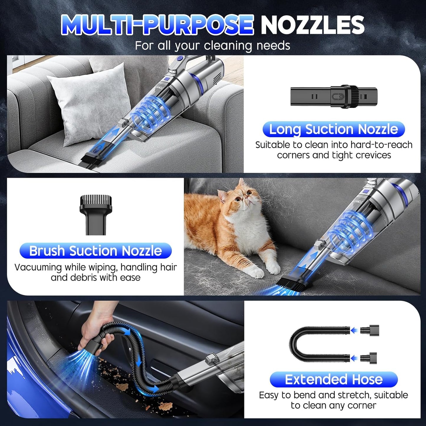 JONYJ Handheld Vacuum Cordless, 16000PA Strong Suction Hand Held Car Vacuum Cleaner, Portable Hand Vacuum Rechargeable with Multi-Nozzles & LED Light for Home, Car, Office, Pets