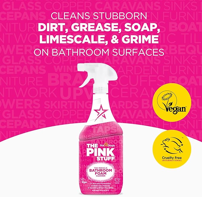 Stardrops - The Pink Stuff Miracle Bathroom Foam Cleaner, 30 fl oz – Now 20% More! Powerful Foaming Action for Showers, Sinks, Tubs & Tiles – Removes Soap Scum, Limescale & Grime with Ease