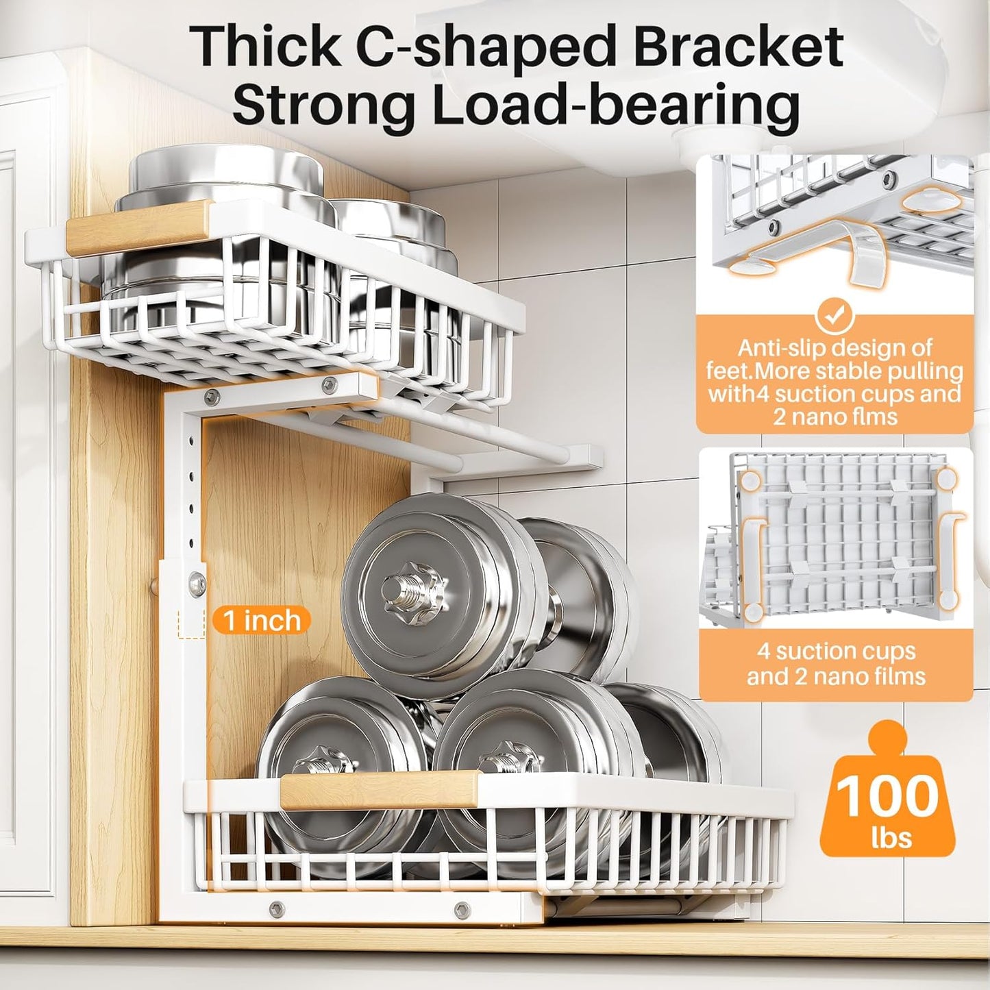 PXRACK Under Sink Organizer,1 Pack,2 Tier Metal Slide out Sink Shelf Pull out Cabinet Organizer Drawers, Under Sink Organizers and Storage for Kitchen Bathroom Pantry Closet Cabinet