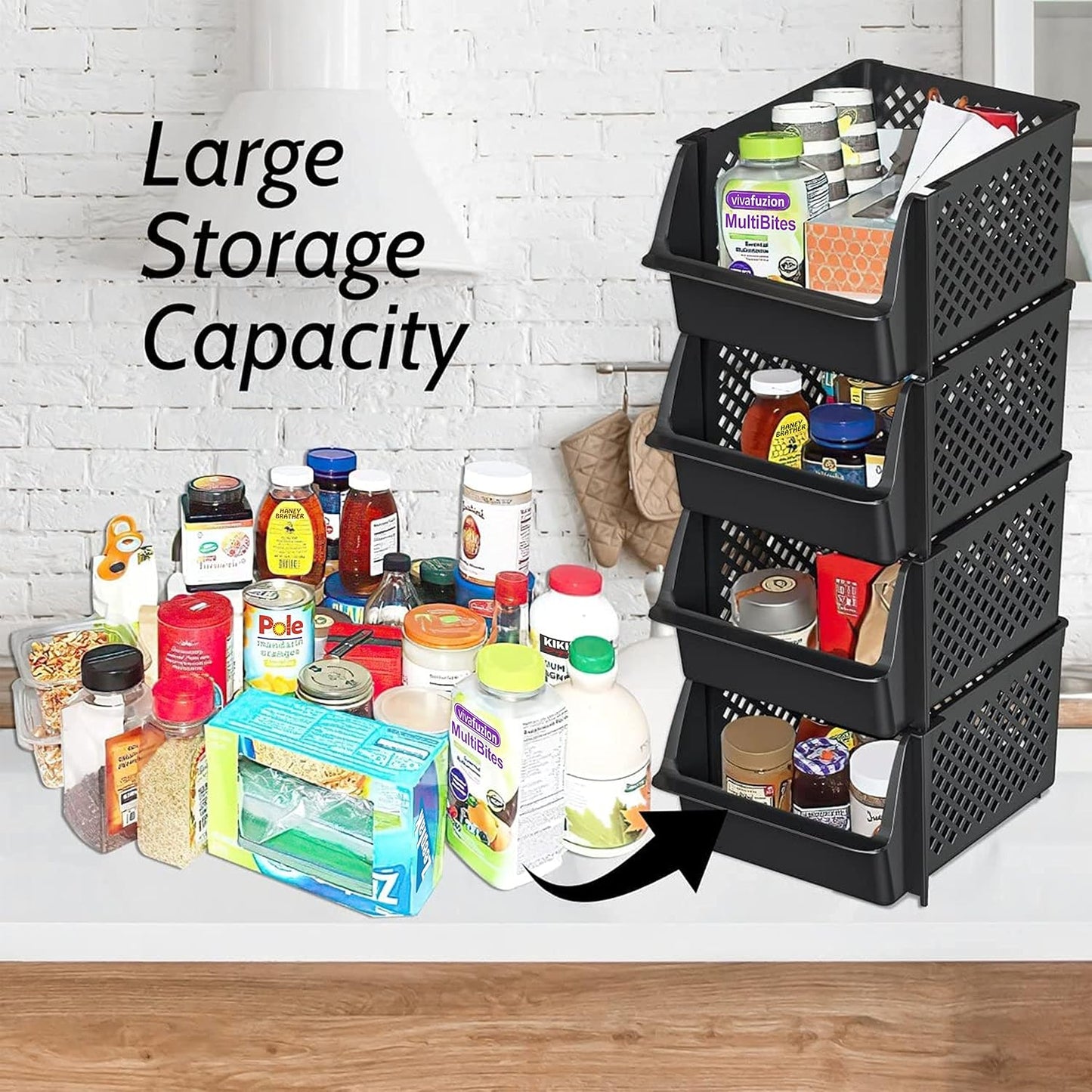 Skywin TidyFriend Stackable Storage Bins for Pantry Organizers and Storage 12 Pack, Pantry Storage for Food, Kitchen and Home Organization (Black)