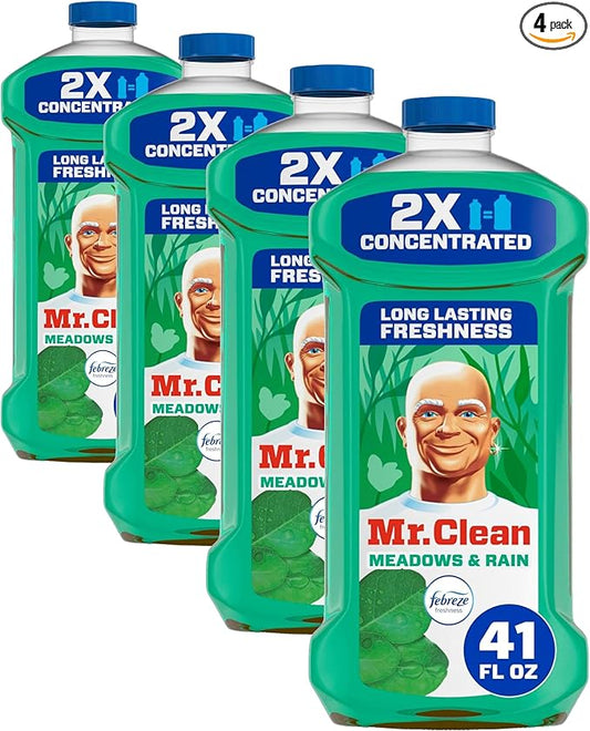 Mr. Clean All Purpose Cleaner, Floor Cleaner for Mopping Home, Bathroom, & Kitchen, Cleaning Liquid for Mop & Bucket, Cleaning Supplies, Dilutable, Meadows & Rain, 41oz (Pack of 4)