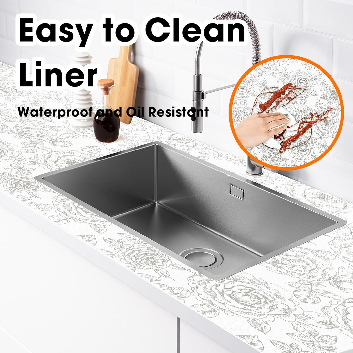 Drawer and Shelf Liner for Kitchen Cabinets Non-Adhesive, Non-Slip Cabinet Liner Shelf Paper Strong Grip Waterproof Easy to Clean for Kitchen Shelves Cupboard, Flower,23.6IN X 20FT
