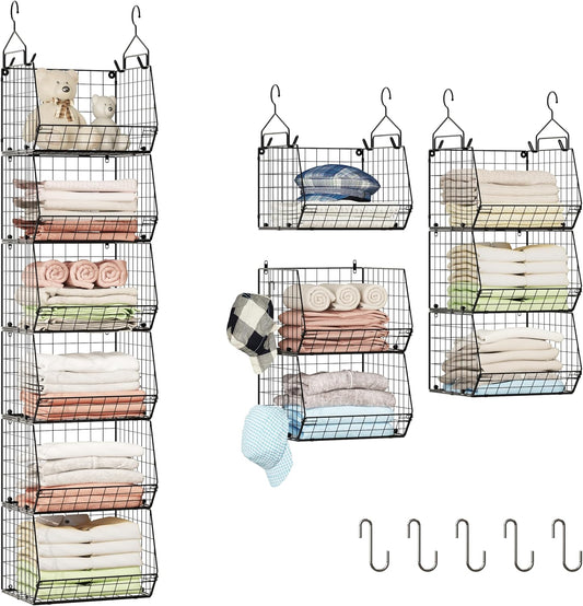 6 Tier Closet Hanging Organizer, Clothes Hanging Shelves with 4 Hanging Hooks 5 S Hooks, Wire Storage Basket Bins, for Clothing Sweaters Shoes Handbags Clutches Accessories Patent Design-Black