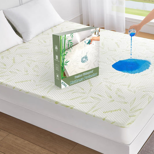 King Mattress Protector Waterproof Mattress Pad Washable Bamboo Rayon Mattress Cover Breathable Noiseless Bed Protector 5" - 21'' Elastic Fitted Deep Pocket