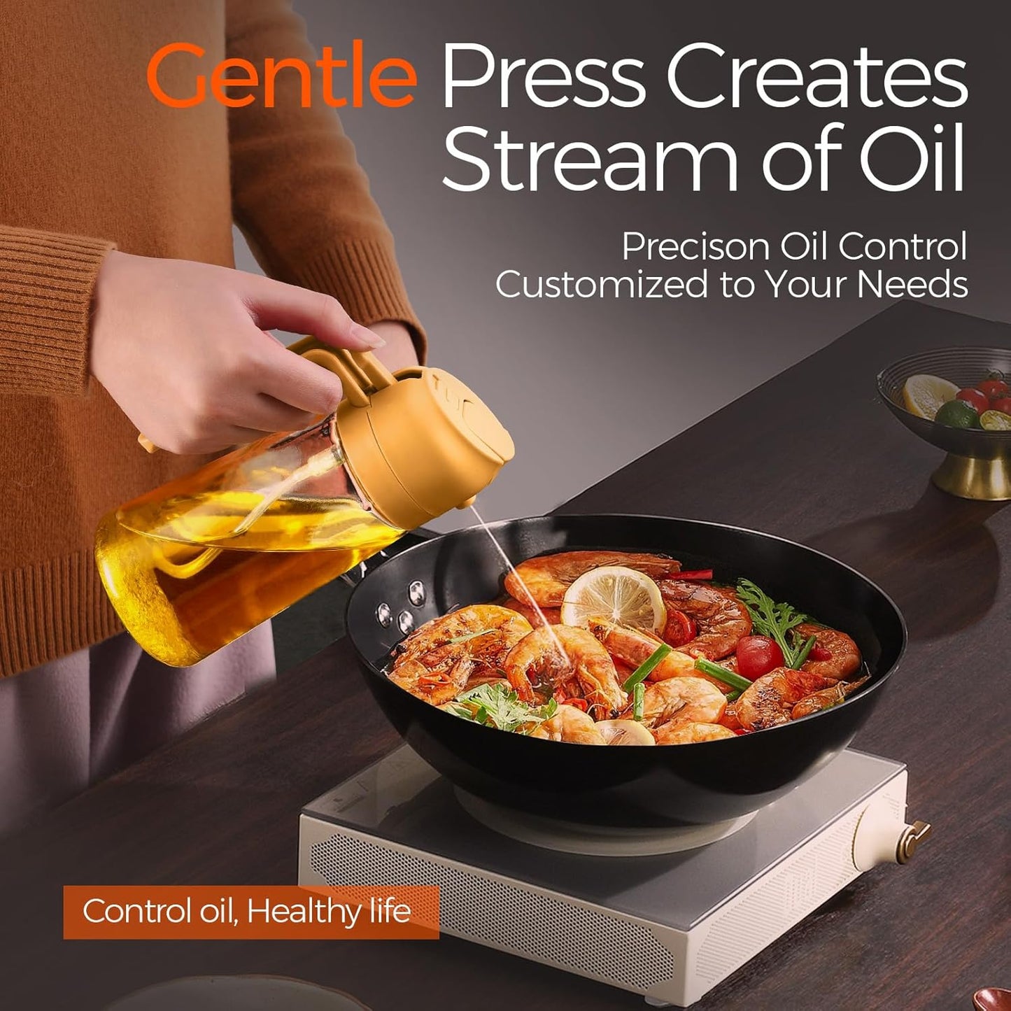 YARRAMATE 16oz/470ml Glass Olive Oil Sprayer for Cooking with Stickers, 2 in 1 Oil Dispenser for Kitchen Gadgets, Food Grade Premium Spray Bottle with Portion Control for Salad, Frying, BBQ (Orange)